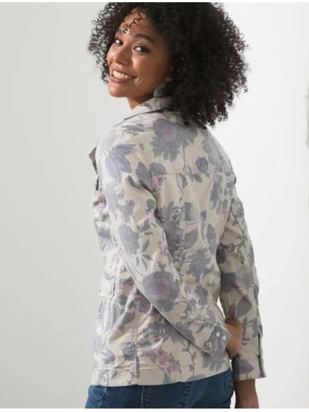 Chico's Floral Utility Jacket in Cream and Gray